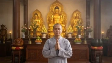 Tín chủ thành tâm chắp tay đọc bài văn khấn Tam Bảo trước chính điện trang nghiêm