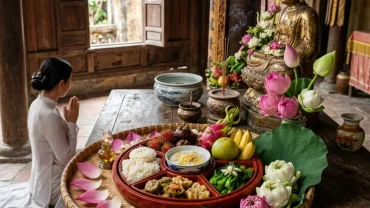 Mâm lễ chay thanh tịnh dâng lên chánh điện trước khi hành lễ văn khấn tam bảo tại chùa