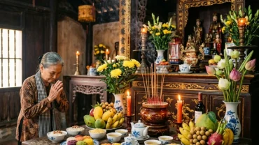 Mâm lễ tứ phủ rực rỡ sắc màu được chuẩn bị chu đáo để đọc văn khấn tam tòa thánh mẫu tại không gian đền thiêng