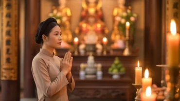 Người phụ nữ chắp tay thành kính đọc văn khấn Tam Tòa Thánh Mẫu trước ban thờ rực rỡ ánh nến