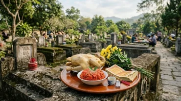 Mâm lễ mặn truyền thống và người thực hiện nghi thức đọc văn khấn tảo mộ tại nghĩa trang thanh bình