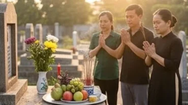 Gia đình thực hiện nghi thức đọc văn khấn tảo mộ và dâng hương trước phần mộ tổ tiên