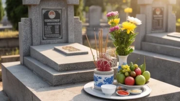 Mâm lễ vật truyền thống và nhang đèn được chuẩn bị chu đáo để đọc văn khấn tảo mộ cuối năm tại nghĩa trang