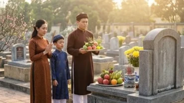 Gia đình Việt Nam trang nghiêm chuẩn bị lễ vật và đọc văn khấn tảo mộ đầu năm tại khu lăng mộ gia tiên