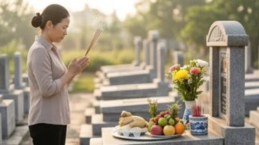 Mâm lễ vật tươm tất dâng lên thần linh trong nghi thức đọc văn khấn tảo mộ ngày giỗ ngoài nghĩa trang