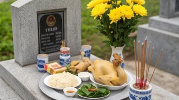 Mâm lễ cúng tươm tất dâng lên tổ tiên cùng văn khấn tảo mộ tiết Thanh Minh tại khuôn viên nghĩa trang