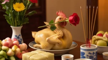 Mâm cỗ cúng tất niên tươm tất với bánh chưng, gà luộc ngậm hoa hồng và nén nhang cháy sáng trên bàn thờ gia tiên