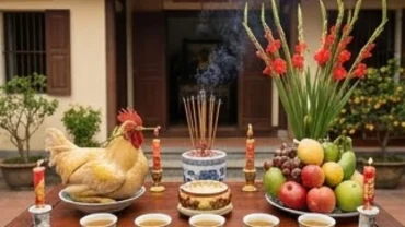 Mâm lễ cúng tất niên ngoài trời được bày biện trang trọng trước sân nhà để đọc văn khấn tất niên ngoài trời