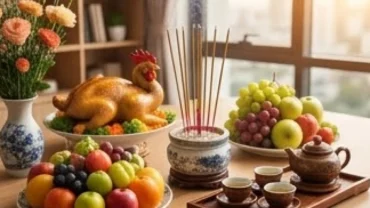 Mâm cúng trang trọng được bày biện sẵn sàng để người đại diện đọc bài văn khấn tất niên tại công ty