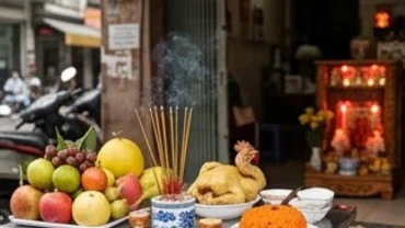 Mâm cúng tạ ơn thần linh và ban Thần Tài được chuẩn bị tươm tất khi đọc văn khấn tất niên tại cửa hàng