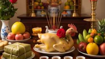 Mâm cúng trang trọng cùng bài văn khấn tất niên tại nhà với đầy đủ gà luộc, bánh chưng và hương đèn rực rỡ