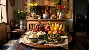Mâm cúng truyền thống với bánh trôi bánh chay để đọc văn khấn tết hàn thực mùng 3 tháng 3