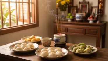Mâm cúng bánh trôi bánh chay trang nghiêm chuẩn bị cho nghi thức đọc văn khấn Tết Hàn Thực