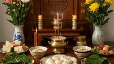 Mâm lễ cúng chuẩn bị cho nghi thức đọc văn khấn Tết Hàn Thực tại nhà với bánh trôi bánh chay bày trí trang nghiêm