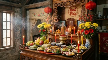 Mâm cỗ cúng chay tịnh và bài văn khấn tết nguyên tiêu chuẩn bị trang nghiêm trên ban thờ gia tiên