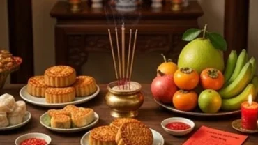 Mâm cỗ tươm tất cùng văn khấn Tết Trung Thu dâng lên gia tiên trong không gian tĩnh lặng