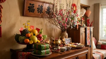 Mâm cúng giao thừa ấm cúng với hoa đào và bánh chưng xanh trong nghi lễ đọc văn khấn tết truyền thống