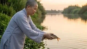 Người phụ nữ mặc áo lam thực hiện nghi thức đọc văn khấn thả cá phóng sinh bên bờ sông yên tĩnh