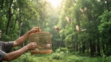 Người đang đọc văn khấn thả chim phóng sinh trước khi mở lồng tại không gian thiên nhiên thanh tịnh