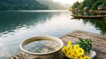 Mâm lễ cúng chay thanh tịnh đặt cạnh hồ nước cùng bài văn khấn thả phóng sinh chuẩn tâm linh cho người tự thực hiện