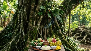 Mâm lễ vật cúng trước gốc cây cổ thụ và bài văn khấn thần cây chuẩn bị cho nghi thức đốn hạ