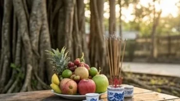 Mâm lễ cúng tươm tất và hương khói trang nghiêm trong nghi thức đọc văn khấn thần cây trước khi đốn hạ