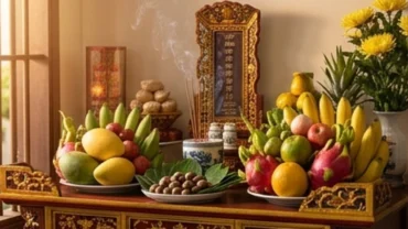 Mâm lễ trang trọng dâng lên ban thờ gia tiên kèm văn khấn thần linh mùng 1 để cầu bình an