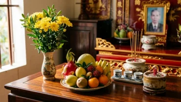 Mâm lễ cúng Thần linh trang trọng ngày Vọng với hoa quả tươi và bài văn khấn thần linh ngày rằm chuẩn truyền thống