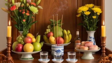 Mâm cúng văn khấn thần linh ngày rằm với hoa tươi, ngũ quả và hương nến trang nghiêm