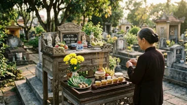 Mâm lễ vật tươm tất chuẩn bị cho nghi thức đọc văn khấn thần linh ngoài mộ tại nghĩa trang gia tộc