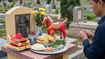 Mâm lễ vật và người đại diện gia đình đang thành tâm đọc văn khấn thần linh ngoài mộ trong tiết Thanh minh