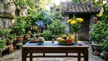 Mâm cúng chay tịnh đặt trên bàn thờ thiên ngoài sân kèm bài văn khấn thần linh ngoài trời đúng chuẩn truyền thống