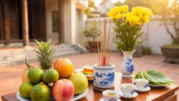 Mâm lễ trang nghiêm cùng văn khấn thần linh ngoài trời đặt trên bàn cúng trước sân với trái cây và nhang đèn