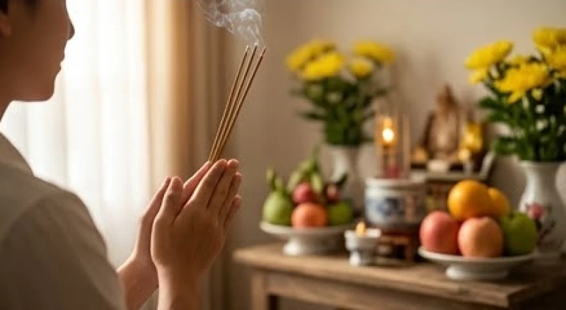 Gia chủ thành tâm chắp tay dâng nhang trước ban thờ Thần Linh báo cáo việc dọn đến nơi ở mới