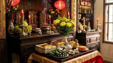 Mâm cúng trang nghiêm dâng lên ban thờ để chuẩn bị đọc văn khấn thần linh rằm tháng 7 tại nhà