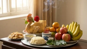 Mâm cúng thần linh rằm tháng 7 được bày biện trang trọng với đầy đủ xôi gà và hương hoa trên bàn thờ
