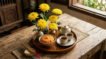 Mâm lễ vật trang nghiêm được bày biện sẵn sàng để đọc văn khấn thần linh tại nhà