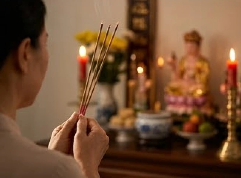 Khung cảnh chắp tay thành kính trước bàn thờ Thần linh để đọc bài văn khấn bốc bát hương mới