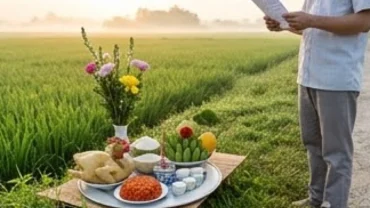 Mâm lễ cúng và bài văn khấn Thần Nông được bày biện trang trọng ngoài bờ ruộng với xôi gà và hoa tươi