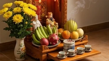 Mâm lễ vật trang nghiêm trên bàn thờ chuẩn bị cho nghi thức đọc văn khấn Thần Tài cầu tài lộc kinh doanh