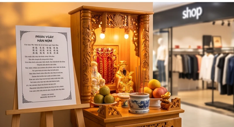 Bản văn khấn Thần Tài được in rõ nét, đặt ngay ngắn trên một khay gỗ nhỏ bên cạnh lễ vật tại cửa hàng