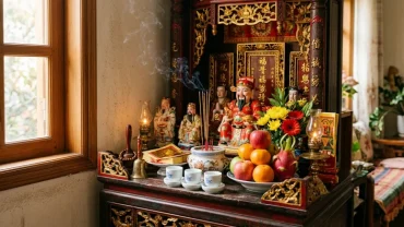 Mâm lễ vật chỉn chu trên bàn thờ chuẩn bị cho nghi thức đọc văn khấn thần tài hàng ngày