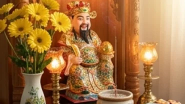 Bàn thờ Thần Tài trang nghiêm với hoa tươi và 3 ly nước sạch trước giờ đọc văn khấn Thần Tài hàng ngày