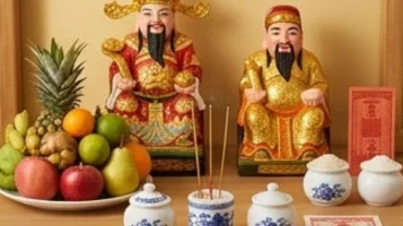 Mâm lễ cúng và bài văn khấn Thần Tài mùng 1 được chuẩn bị trang nghiêm trên ban thờ