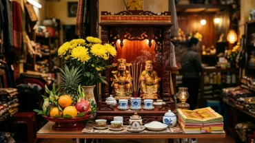 Mâm cúng chay ngọt thanh tịnh cùng bài văn khấn thần tài mùng 1 ngày rằm được sắp xếp gọn gàng trên bàn thờ Thần Tài Thổ Địa