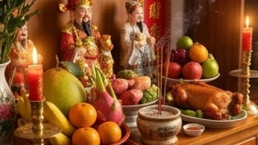 Mâm cúng và bàn thờ trang nghiêm chuẩn bị cho nghi thức đọc văn khấn Thần Tài mùng 1 Tết