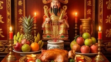 Mâm lễ vật tươm tất dâng lên bàn thờ cùng bài văn khấn Thần Tài mùng 10 tháng Giêng để cầu tài lộc