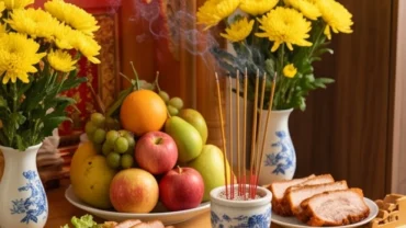Mâm lễ vật tươm tất dâng lên bàn thờ Thần Tài Thổ Địa kèm bài văn khấn Thần Tài mùng 2 Tết