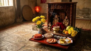 Bài văn khấn thần tài ngày 23 tháng chạp và mâm lễ cúng trang nghiêm với hoa cúc vàng, xôi gấc cùng bộ tam sên