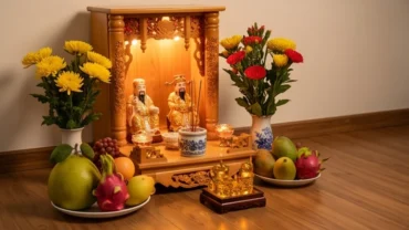 Gia chủ chuẩn bị mâm lễ tươm tất trước khi đọc văn khấn Thần Tài ngày 23 tháng Chạp